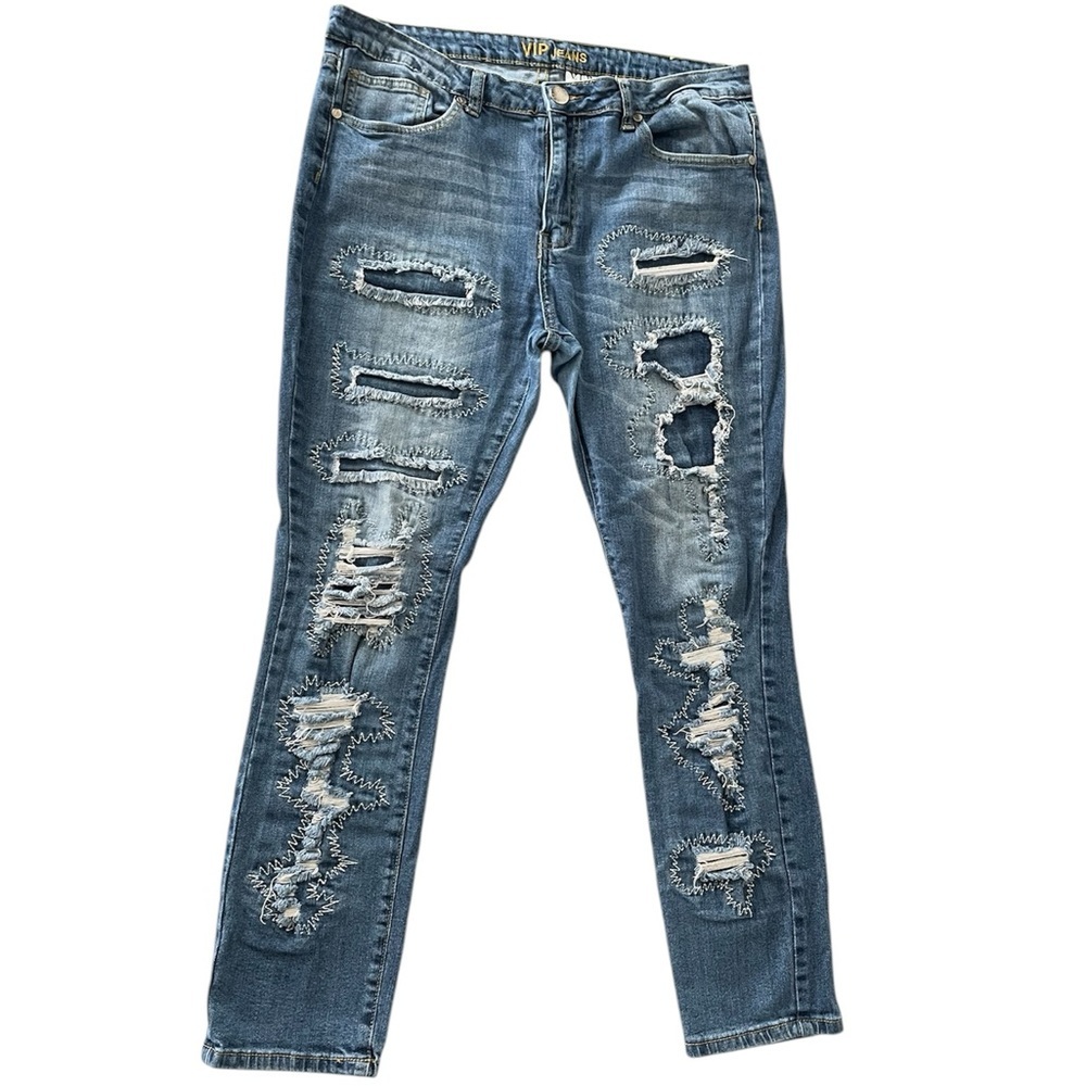 VIP Womens Jeans Size 15/16 Junior Blue Regular Distressed Destroyed Denim
